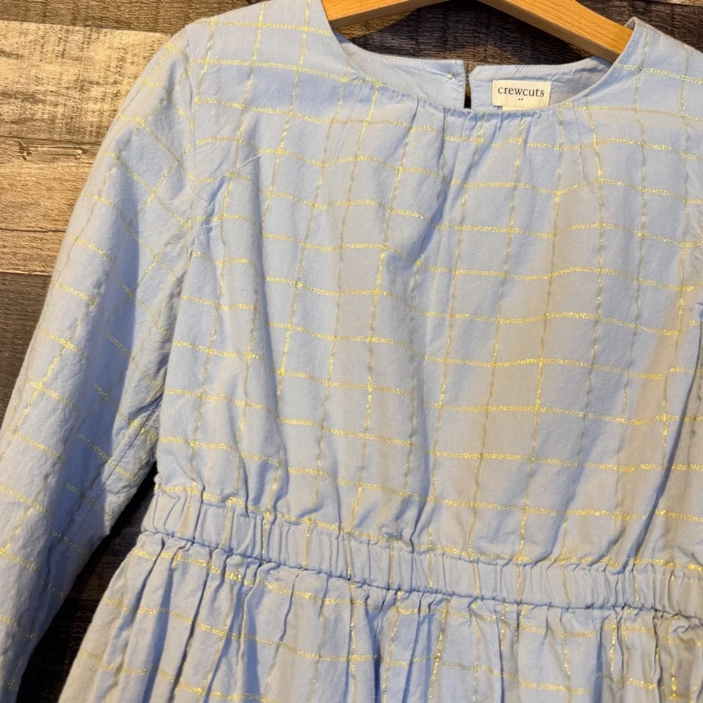 Crewcuts Girls Light Blue Gold Metallic Check Dress‎ 8 Preppy Coastal